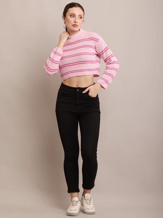 Acrylic Crew Neck With Full Sleeve Striped Pink Crop Sweater