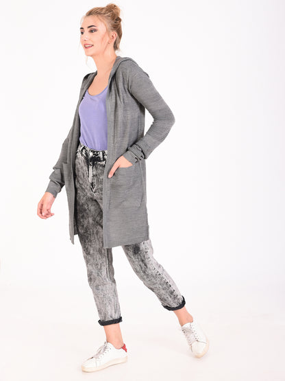 Grey full sleeves front open longline hooded knit shrug