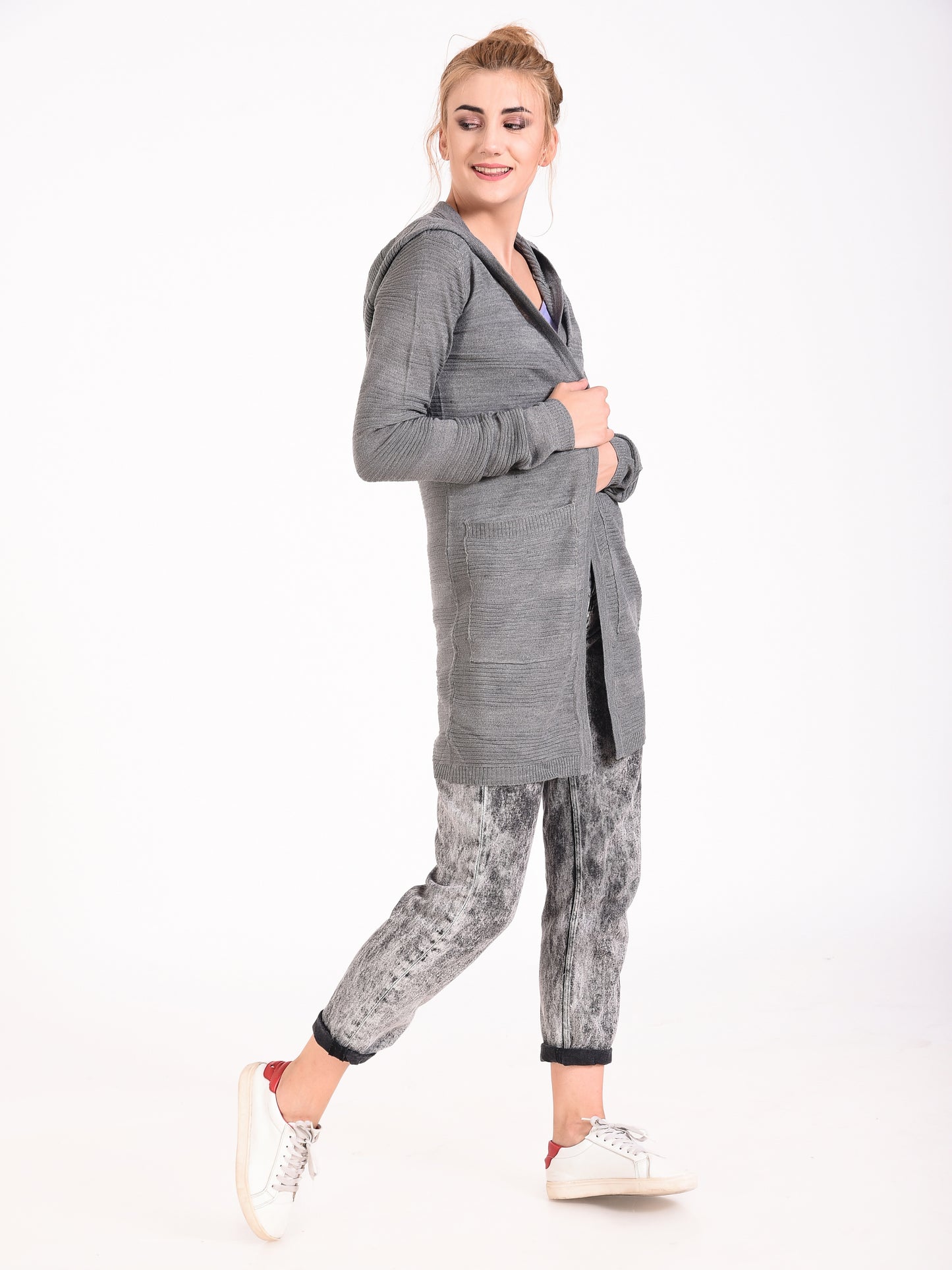 Grey full sleeves front open longline hooded knit shrug