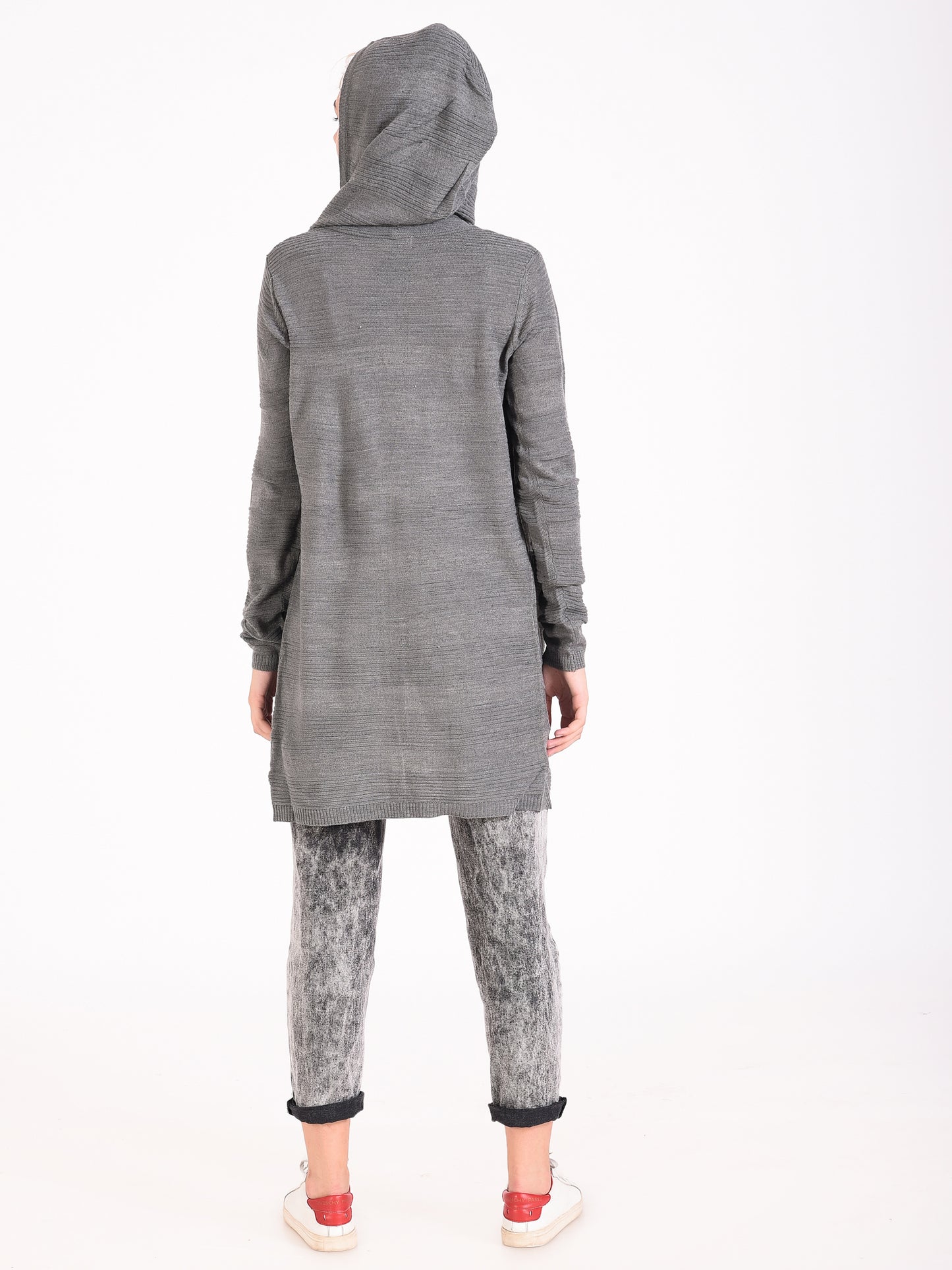 Grey full sleeves front open longline hooded knit shrug