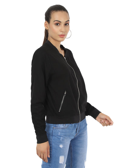 Black solid mandarin collar linen zipper jacket for women