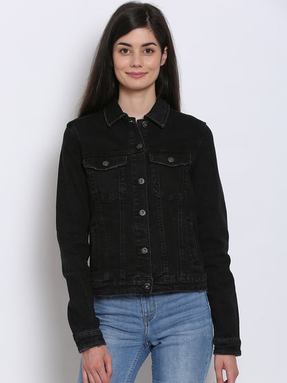 Full sleeve black denim jacket for women