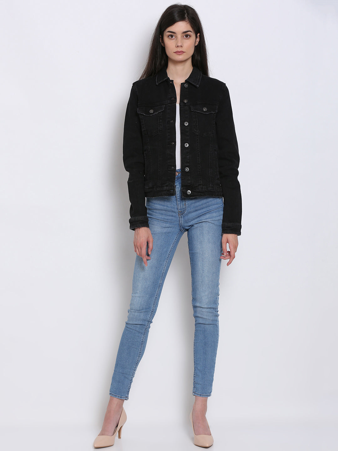 Full sleeve black denim jacket for women