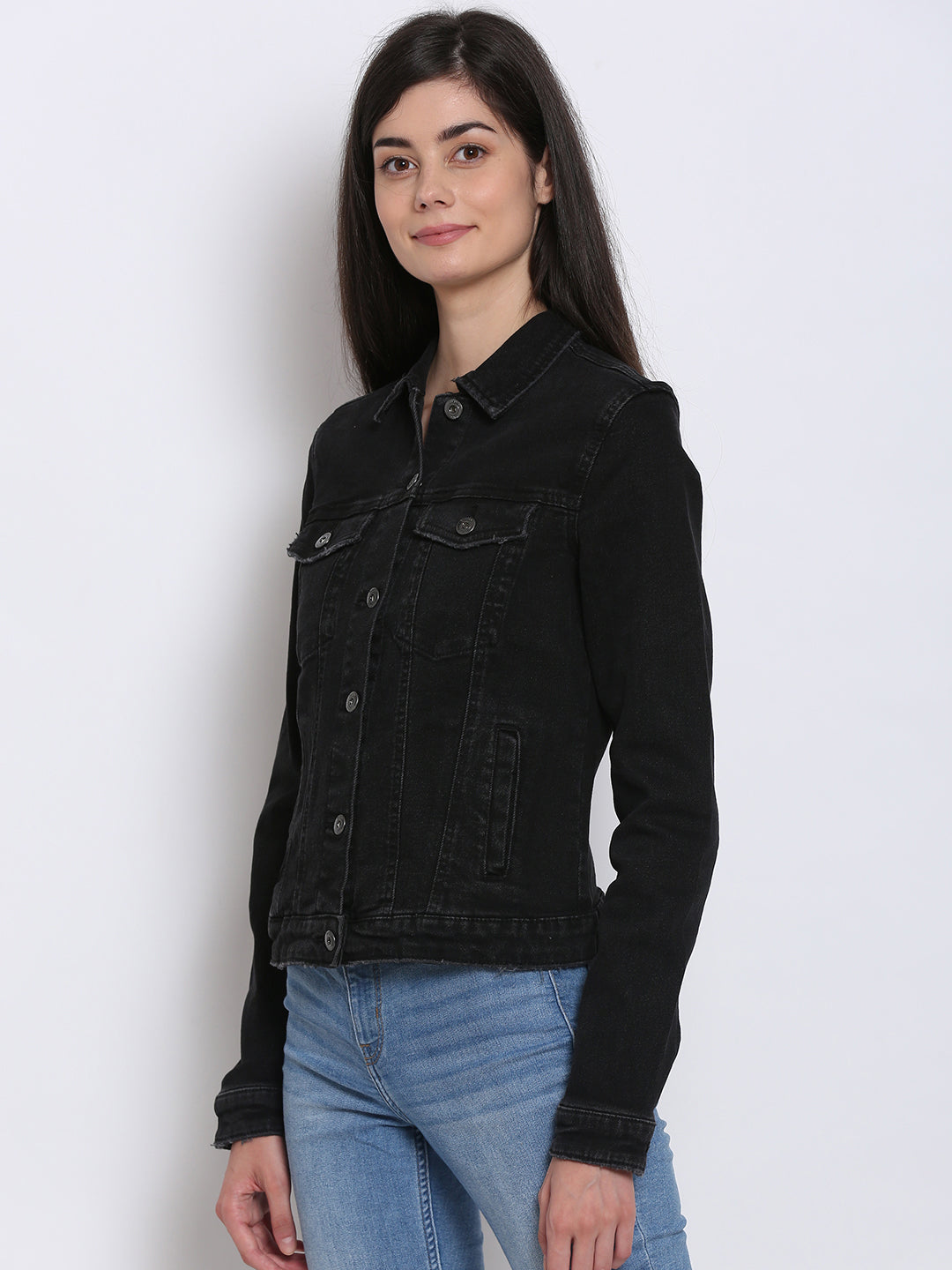 Full sleeve black denim jacket for women