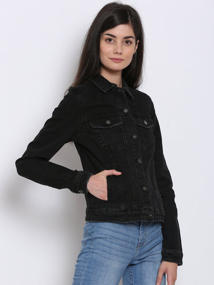 Full sleeve black denim jacket for women