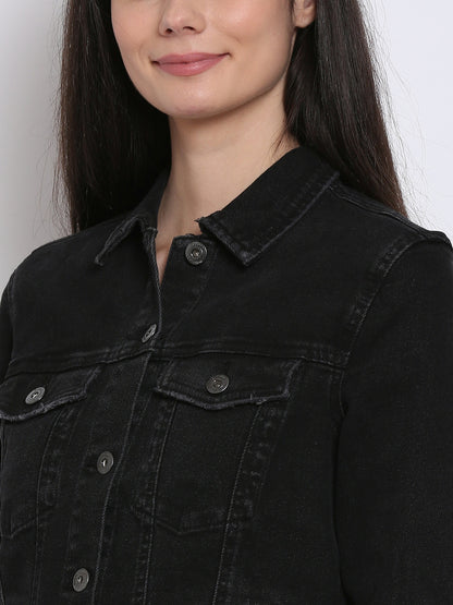 Full sleeve black denim jacket for women