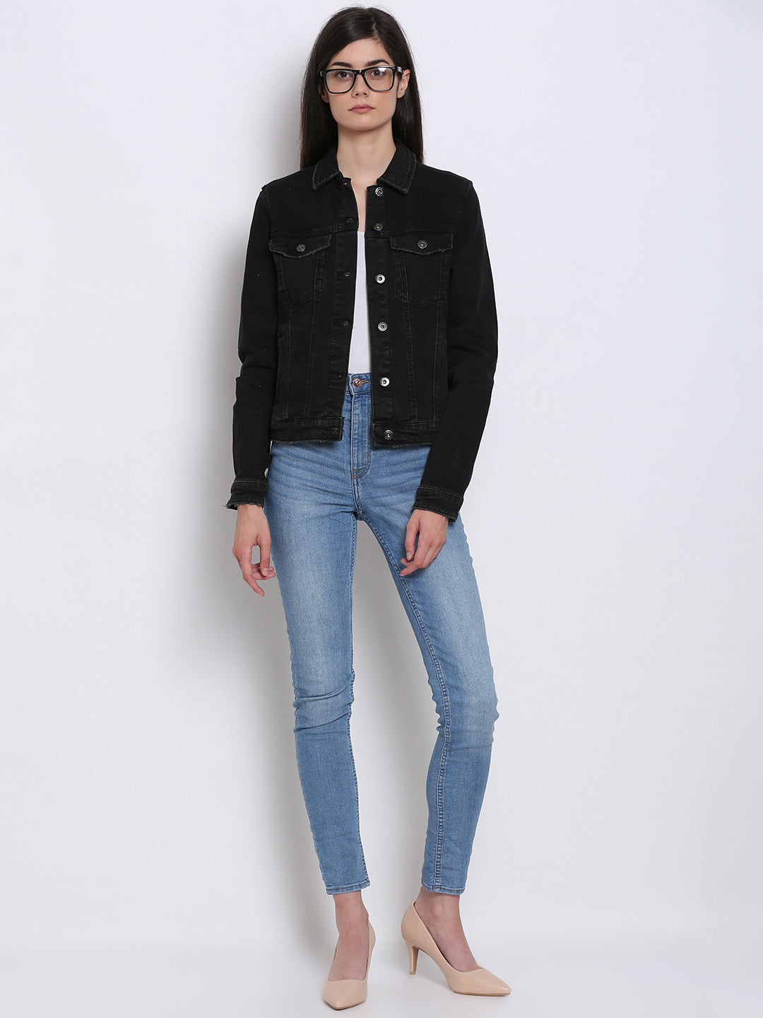 Full sleeve black denim jacket for women