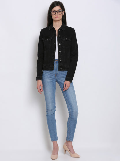 Full sleeve black denim jacket for women