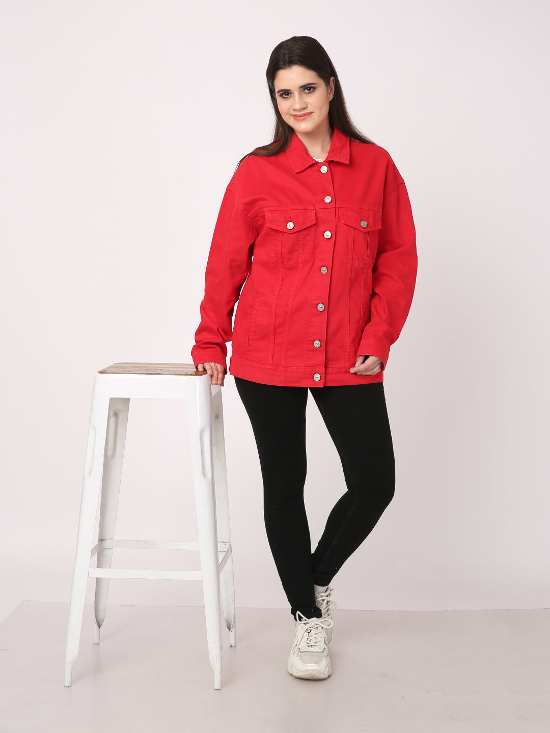 Red Paneled with Flap Pockets denim jacket for women