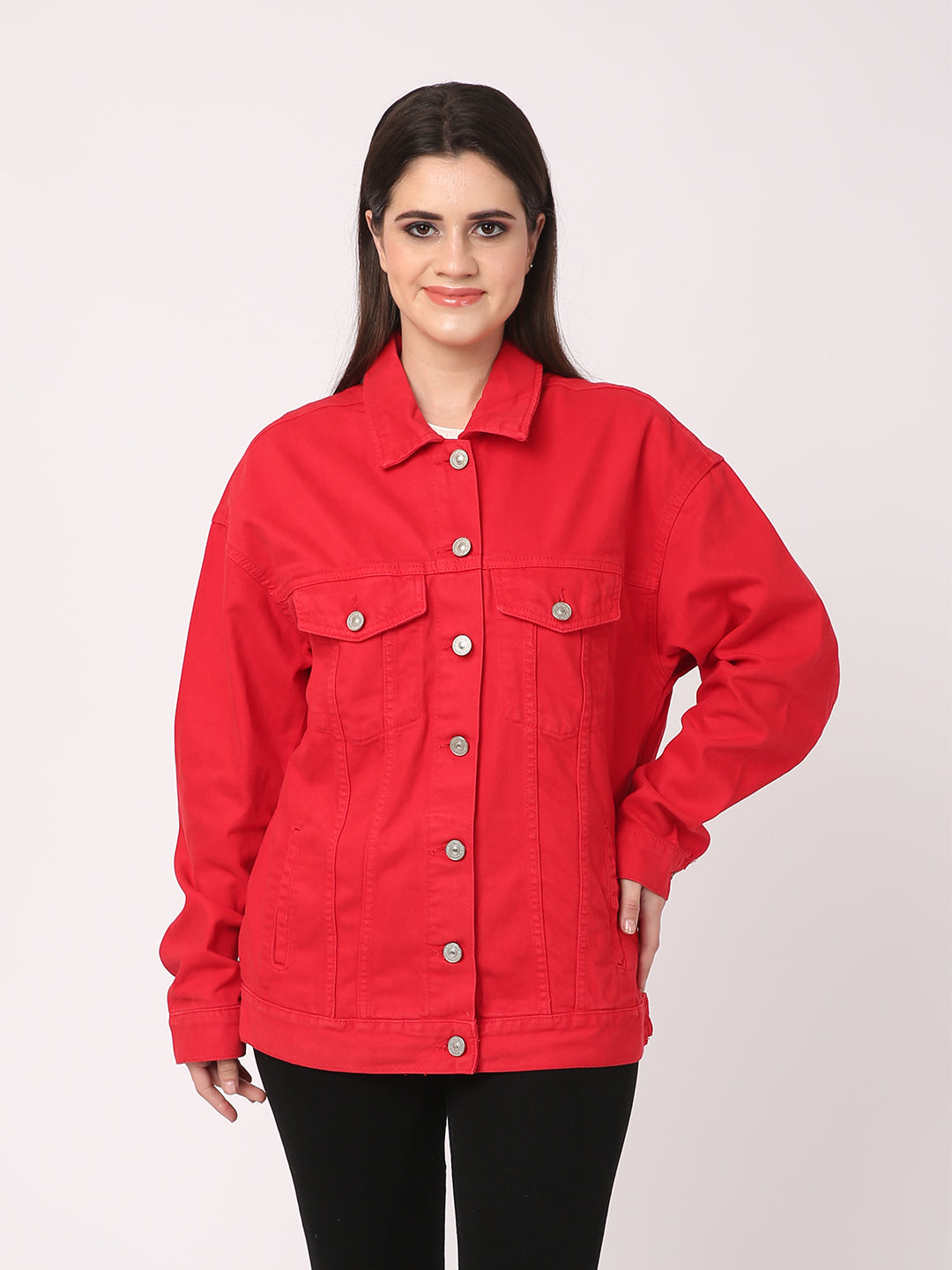 Red Paneled with Flap Pockets denim jacket for women