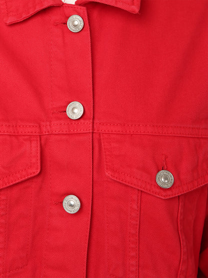 Red Paneled with Flap Pockets denim jacket for women