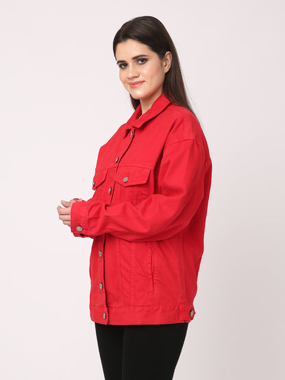 Red Paneled with Flap Pockets denim jacket for women