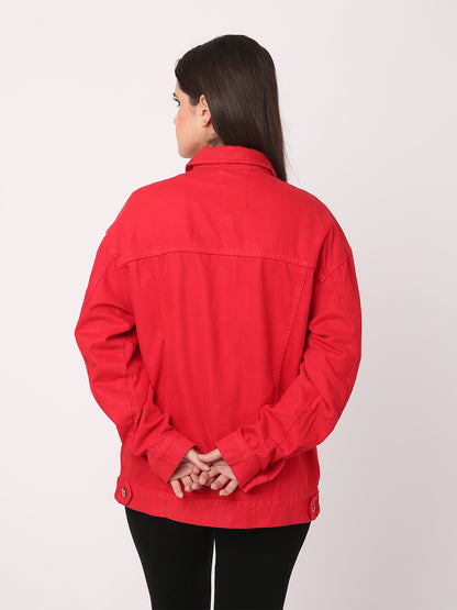 Red Paneled with Flap Pockets denim jacket for women