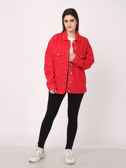 Red Paneled with Flap Pockets denim jacket for women