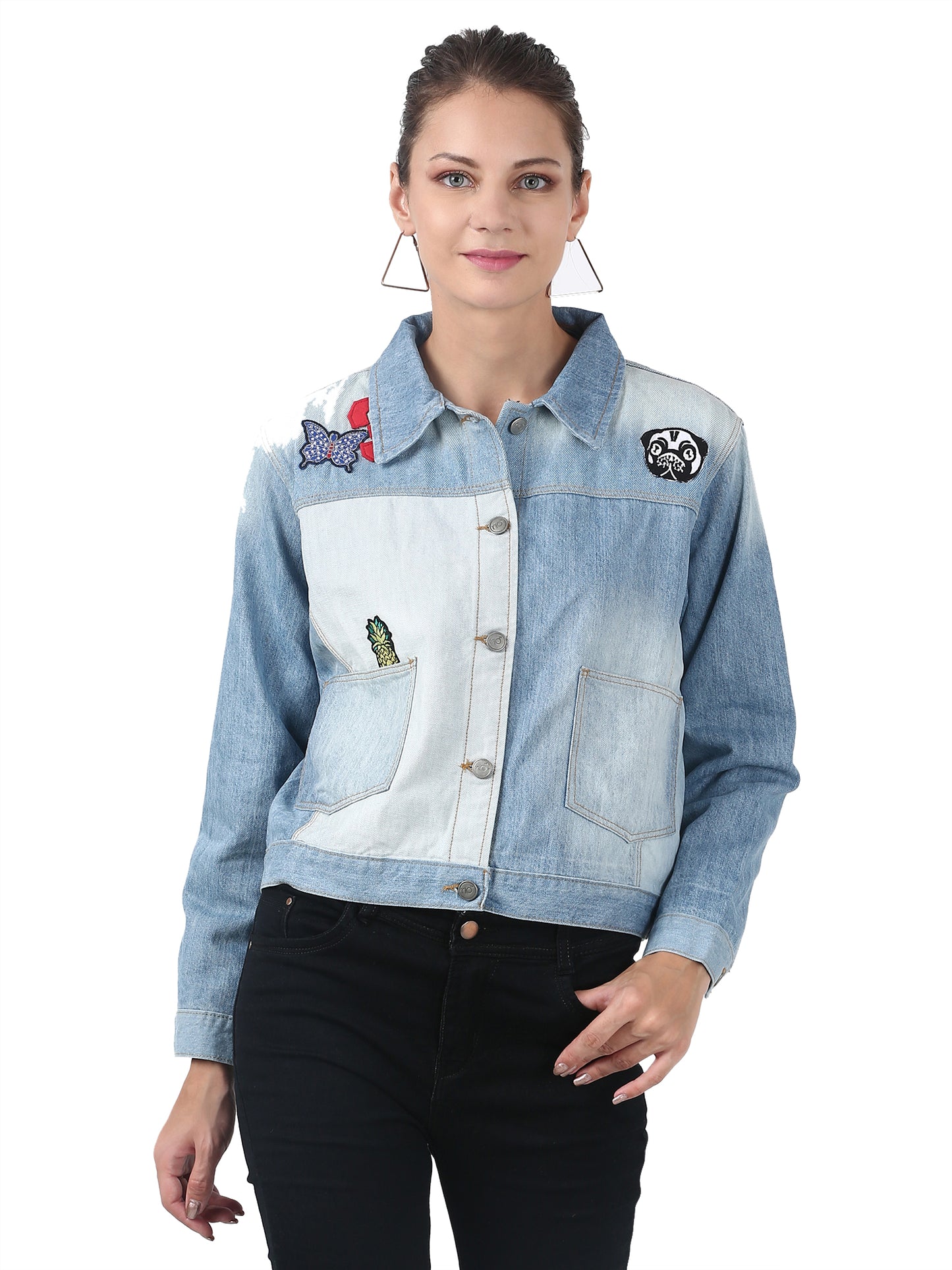 Patched Trucker Full Sleeve love bleached Blue denim jacket