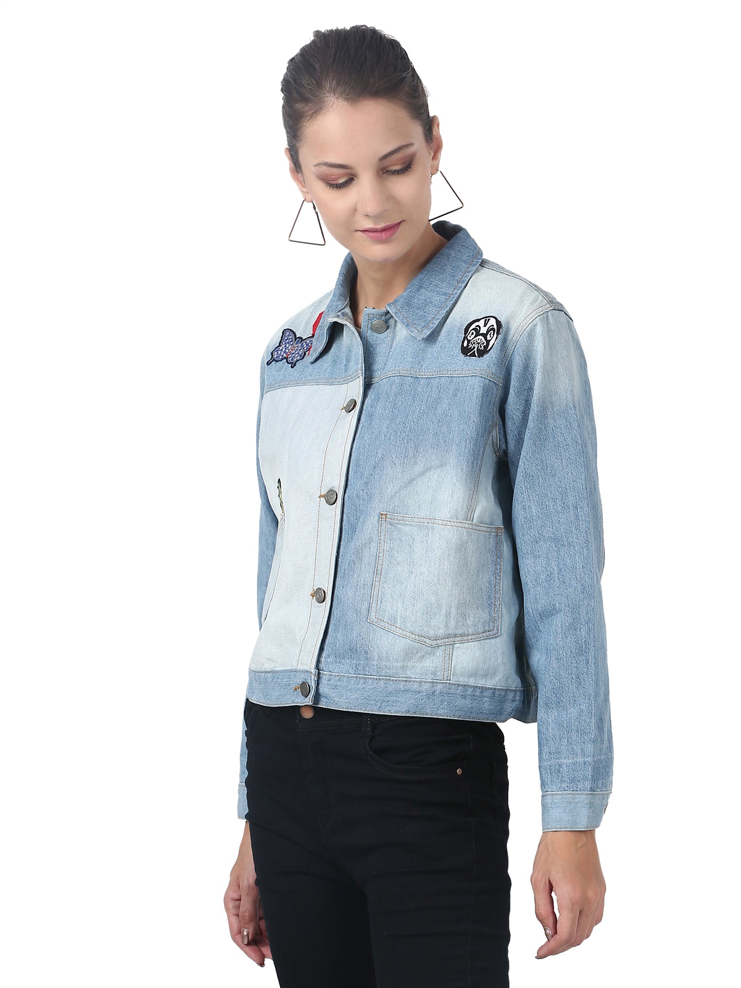 Patched Trucker Full Sleeve love bleached Blue denim jacket