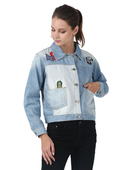 Patched Trucker Full Sleeve love bleached Blue denim jacket