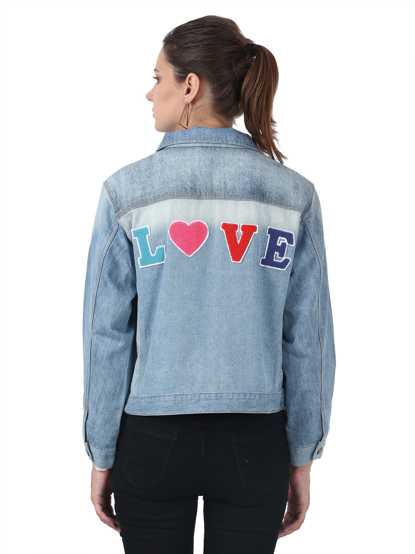 Patched Trucker Full Sleeve love bleached Blue denim jacket