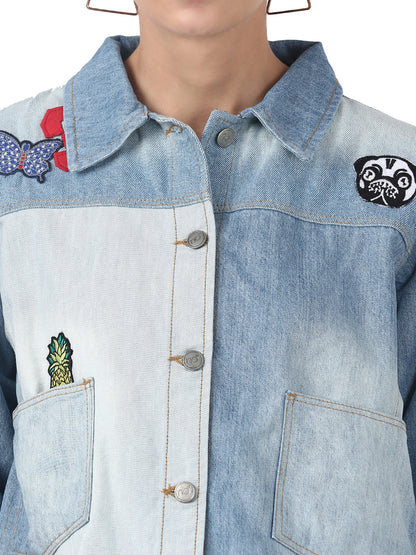 Patched Trucker Full Sleeve love bleached Blue denim jacket