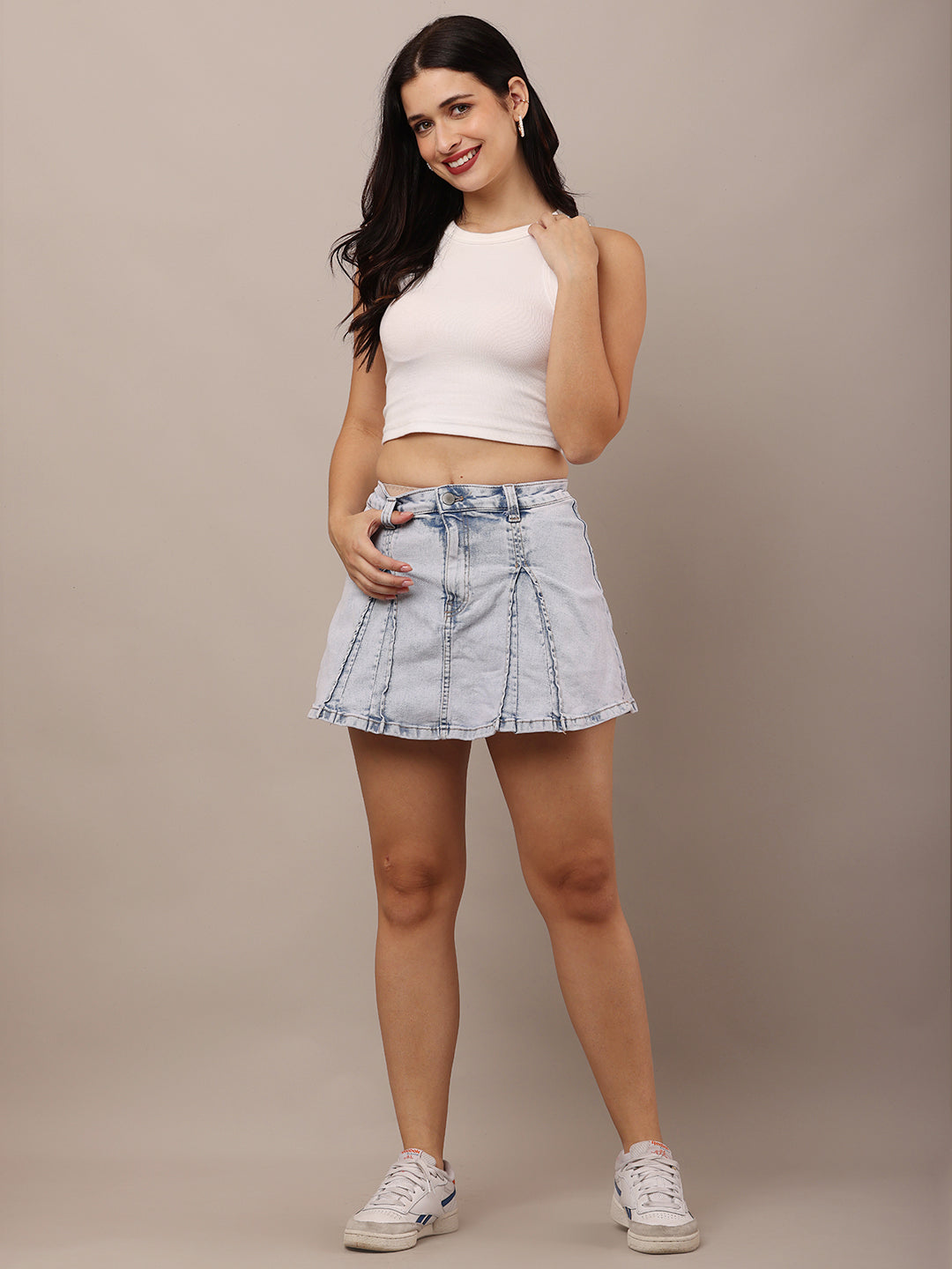 Cotton Pleated Denim Mini Skirt