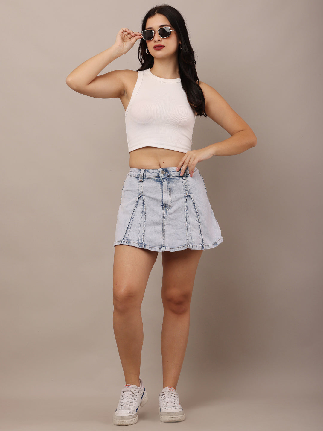 Cotton Pleated Denim Mini Skirt