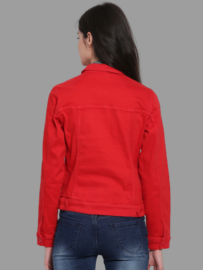 Solid Trucker Full Sleeve Red Denim Jacket