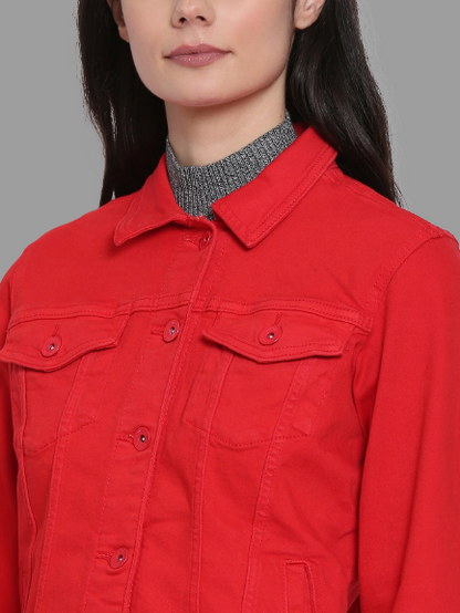 Solid Trucker Full Sleeve Red Denim Jacket