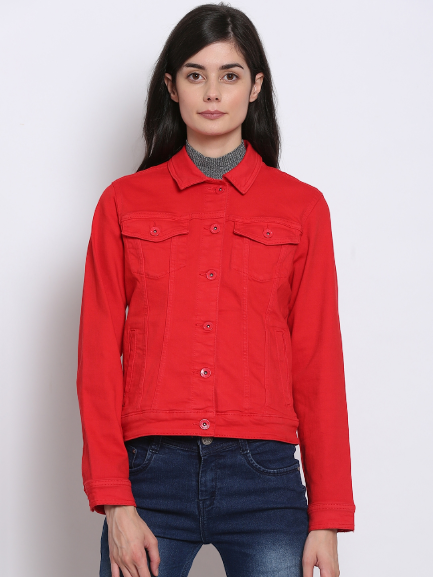 Solid Trucker Full Sleeve Red Denim Jacket