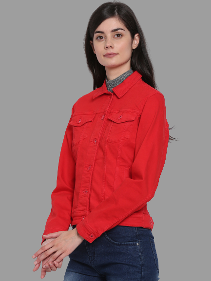 Solid Trucker Full Sleeve Red Denim Jacket