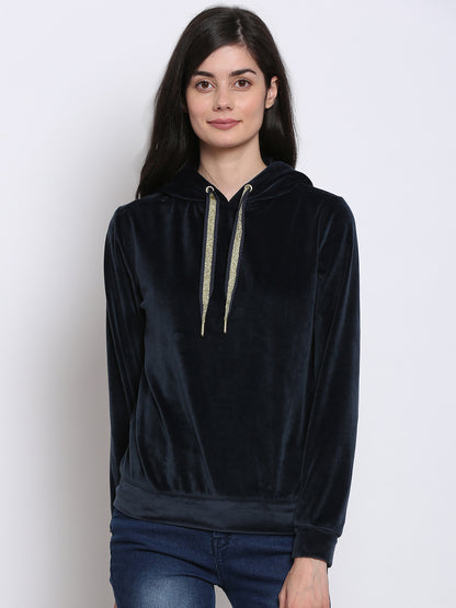 Polyester Hooded Full Sleeve Velvet Navy Blue Sweatshirt