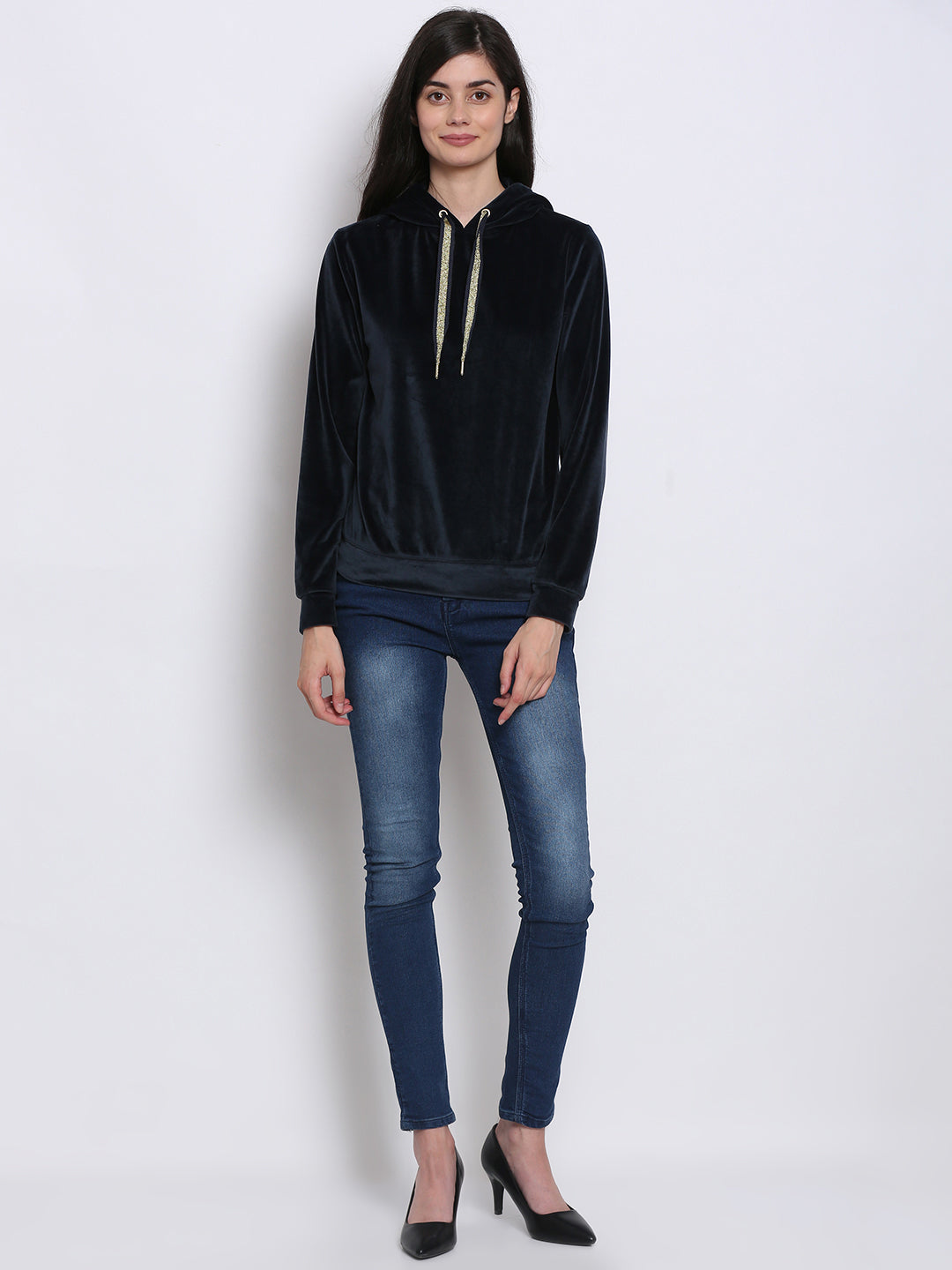 Polyester Hooded Full Sleeve Velvet Navy Blue Sweatshirt