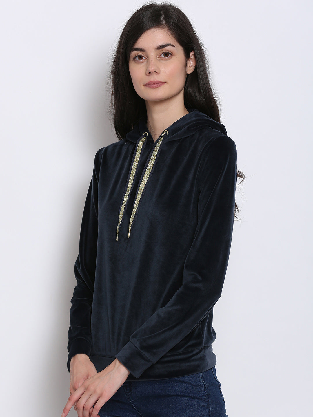 Polyester Hooded Full Sleeve Velvet Navy Blue Sweatshirt