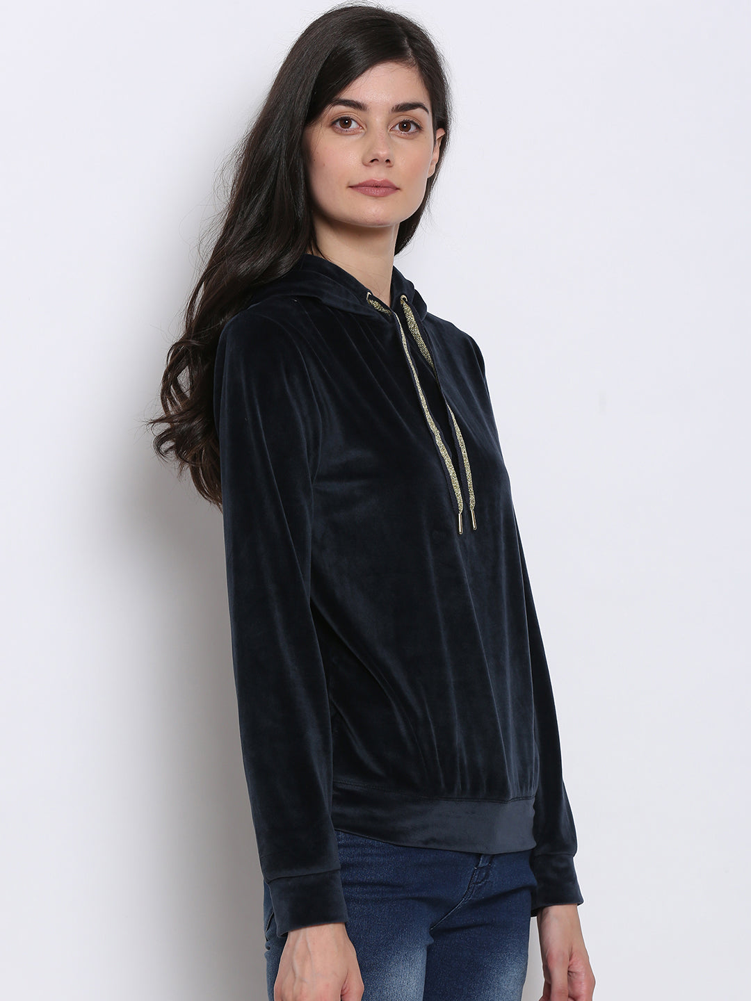 Polyester Hooded Full Sleeve Velvet Navy Blue Sweatshirt