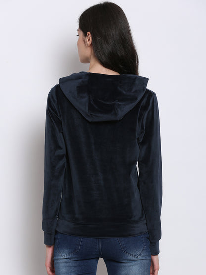 Polyester Hooded Full Sleeve Velvet Navy Blue Sweatshirt