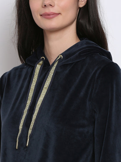 Polyester Hooded Full Sleeve Velvet Navy Blue Sweatshirt