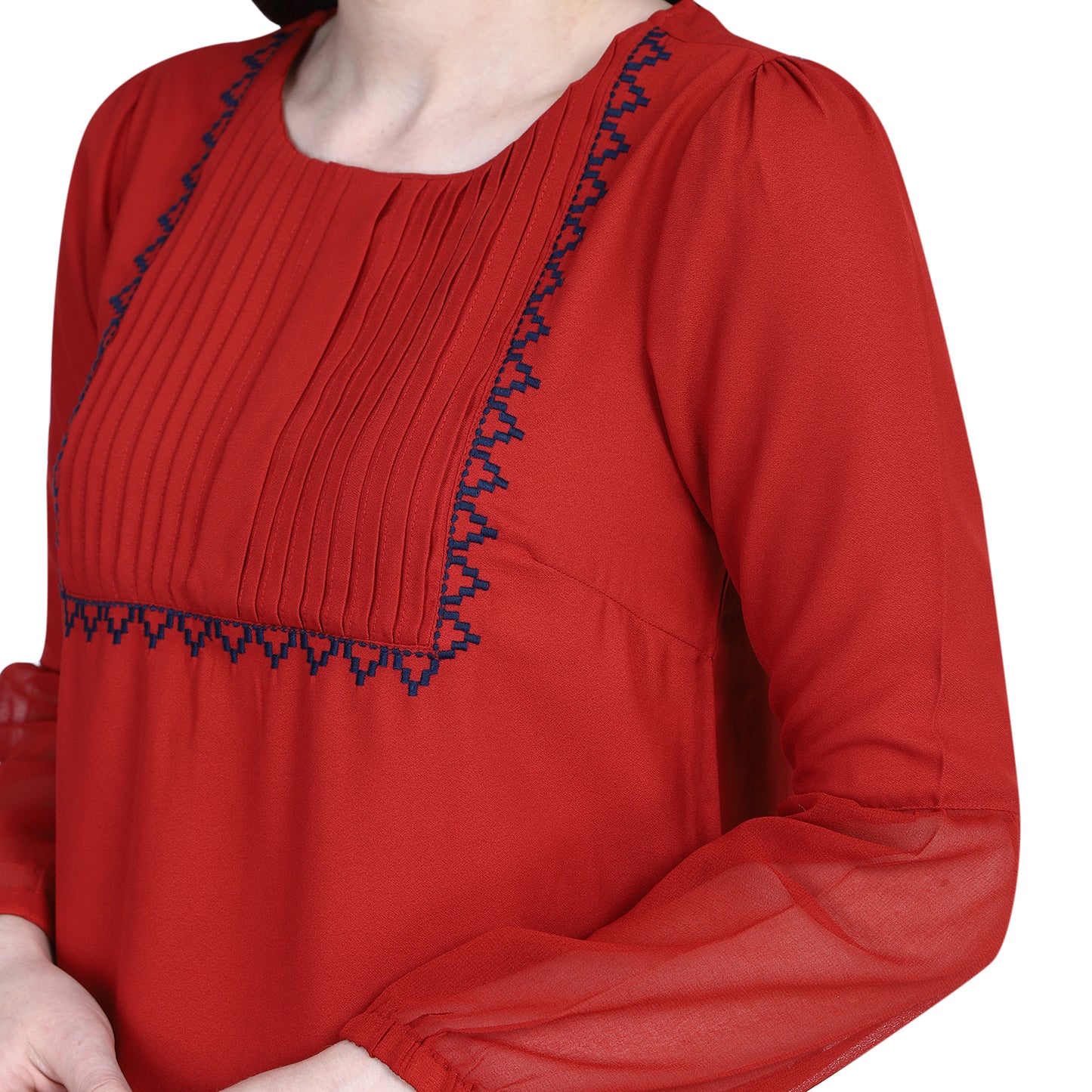 Pleated Detail Embroidered Yoke Rust Top