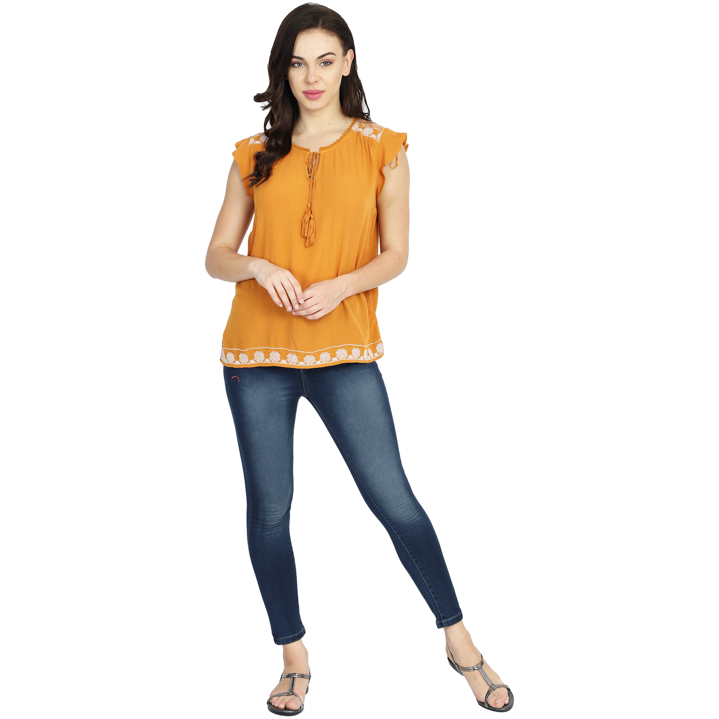 Embroidered Peasant Summer Mustard Top