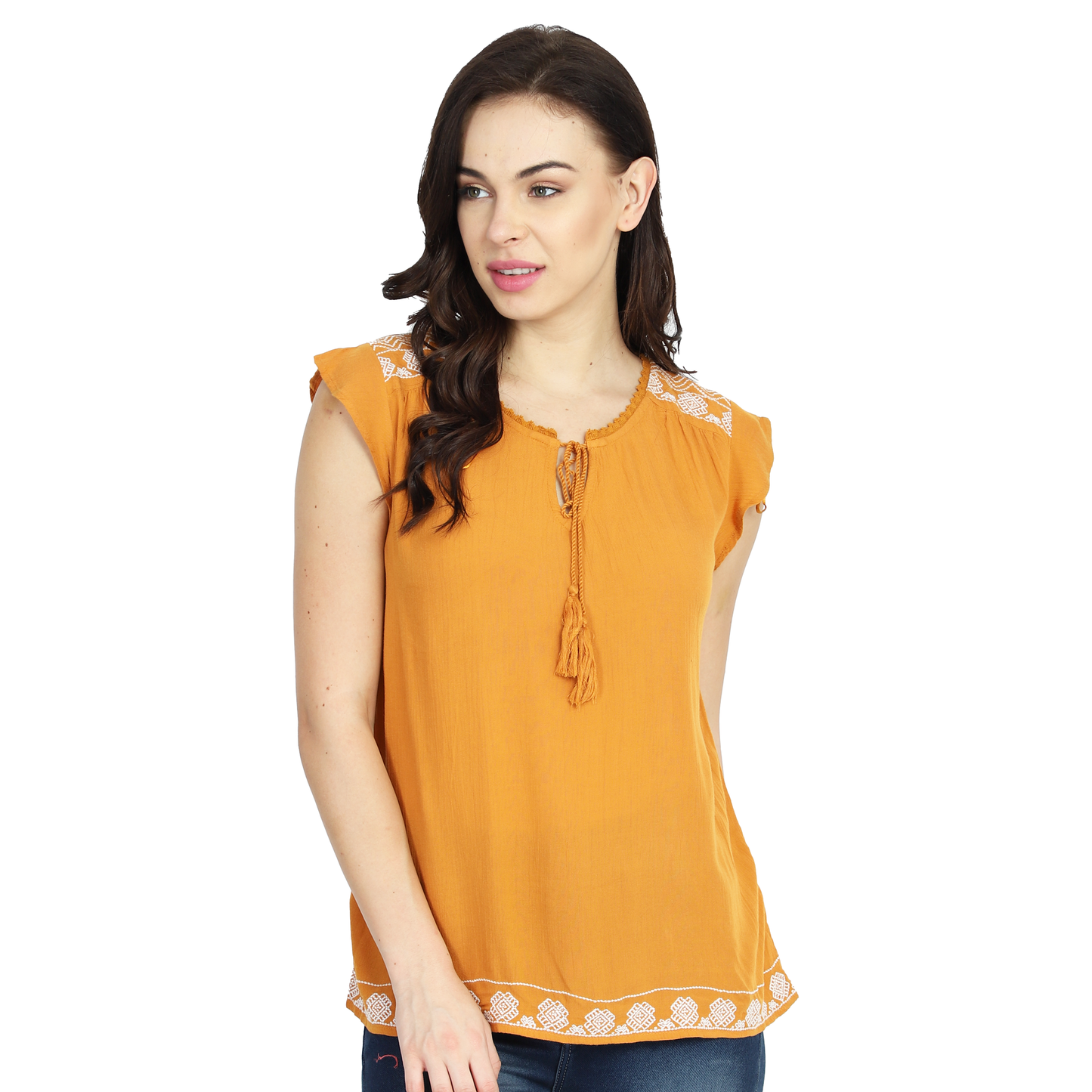 Embroidered Peasant Summer Mustard Top