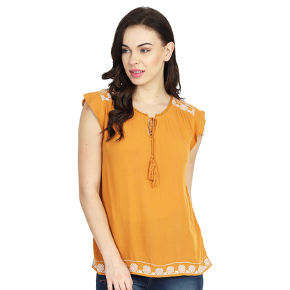 Embroidered Peasant Summer Mustard Top