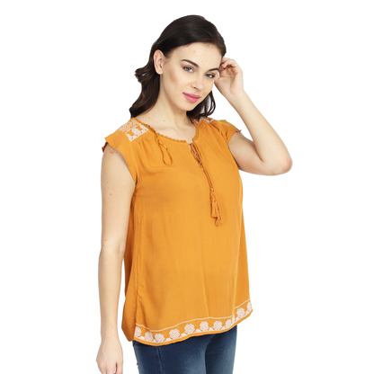 Embroidered Peasant Summer Mustard Top