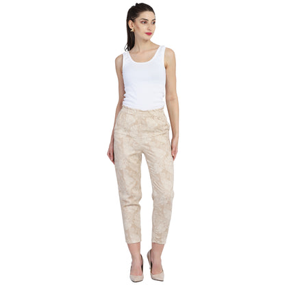 Floral Leaf Print Ankle Length Tulip Beige Trouser