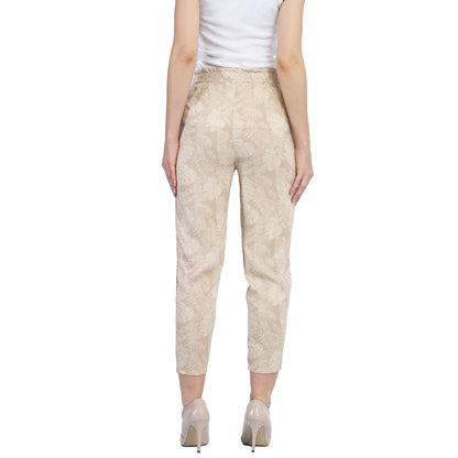 Floral Leaf Print Ankle Length Tulip Beige Trouser