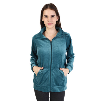 Full Sleeve Solid Velvet Zipper Green Jacket