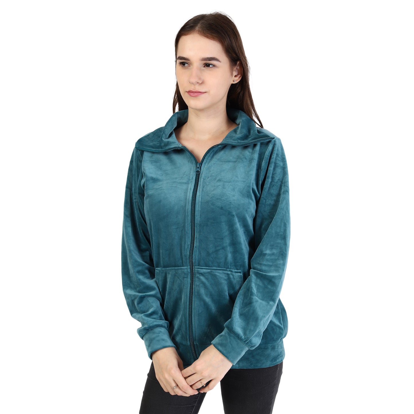 Full Sleeve Solid Velvet Zipper Green Jacket