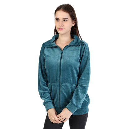 Full Sleeve Solid Velvet Zipper Green Jacket