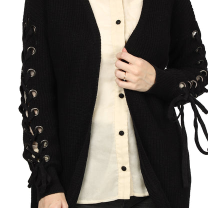 Acrylic Full Sleeve Shawl Neck Ribbed Knitted Black Shrug