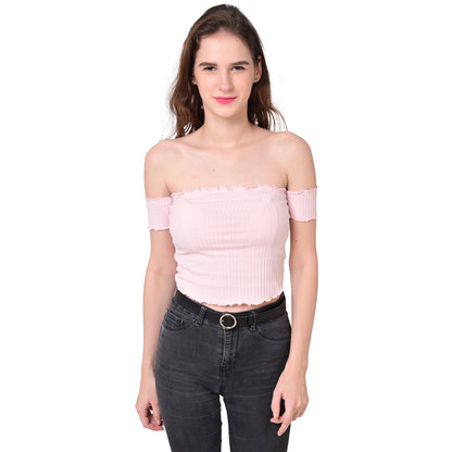 Off- Shoulder Smocked Pink Crop Top