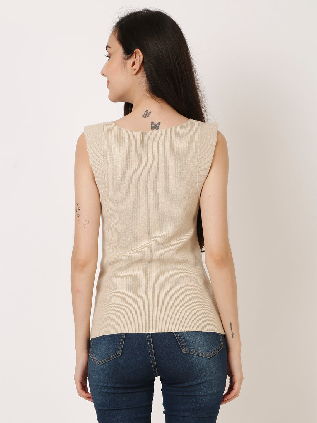 Viscose Ribbed V-Neck Beige Top