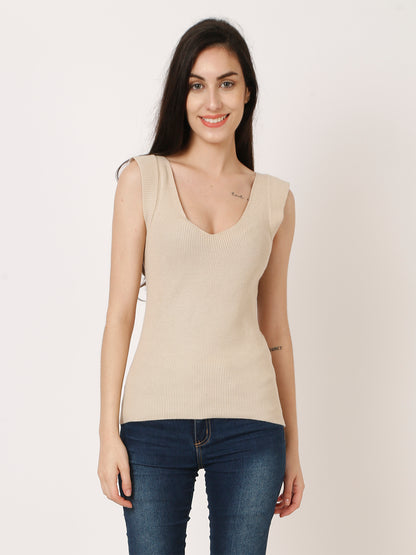 Viscose Ribbed V-Neck Beige Top