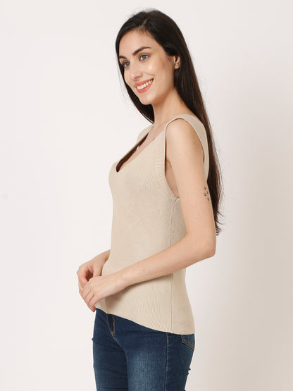 Viscose Ribbed V-Neck Beige Top